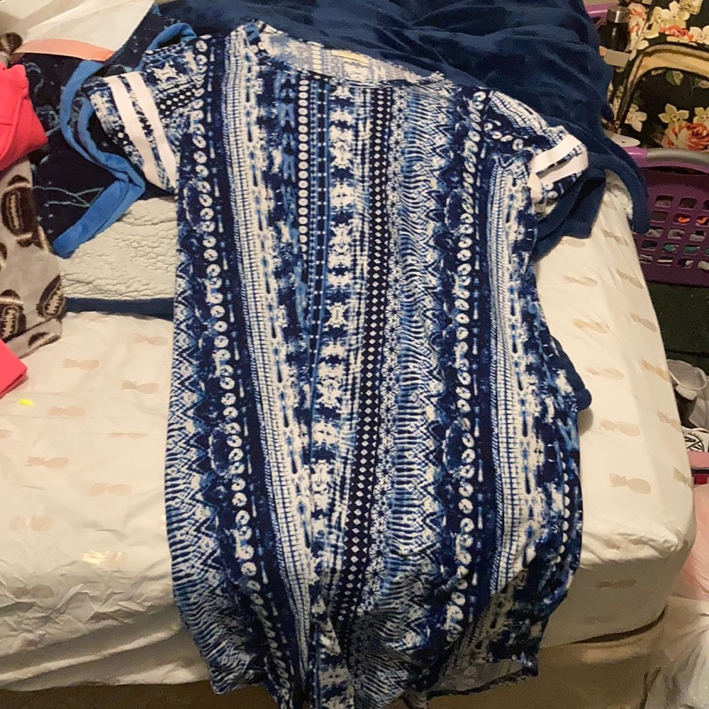 Blue designed dress with white arm stripes